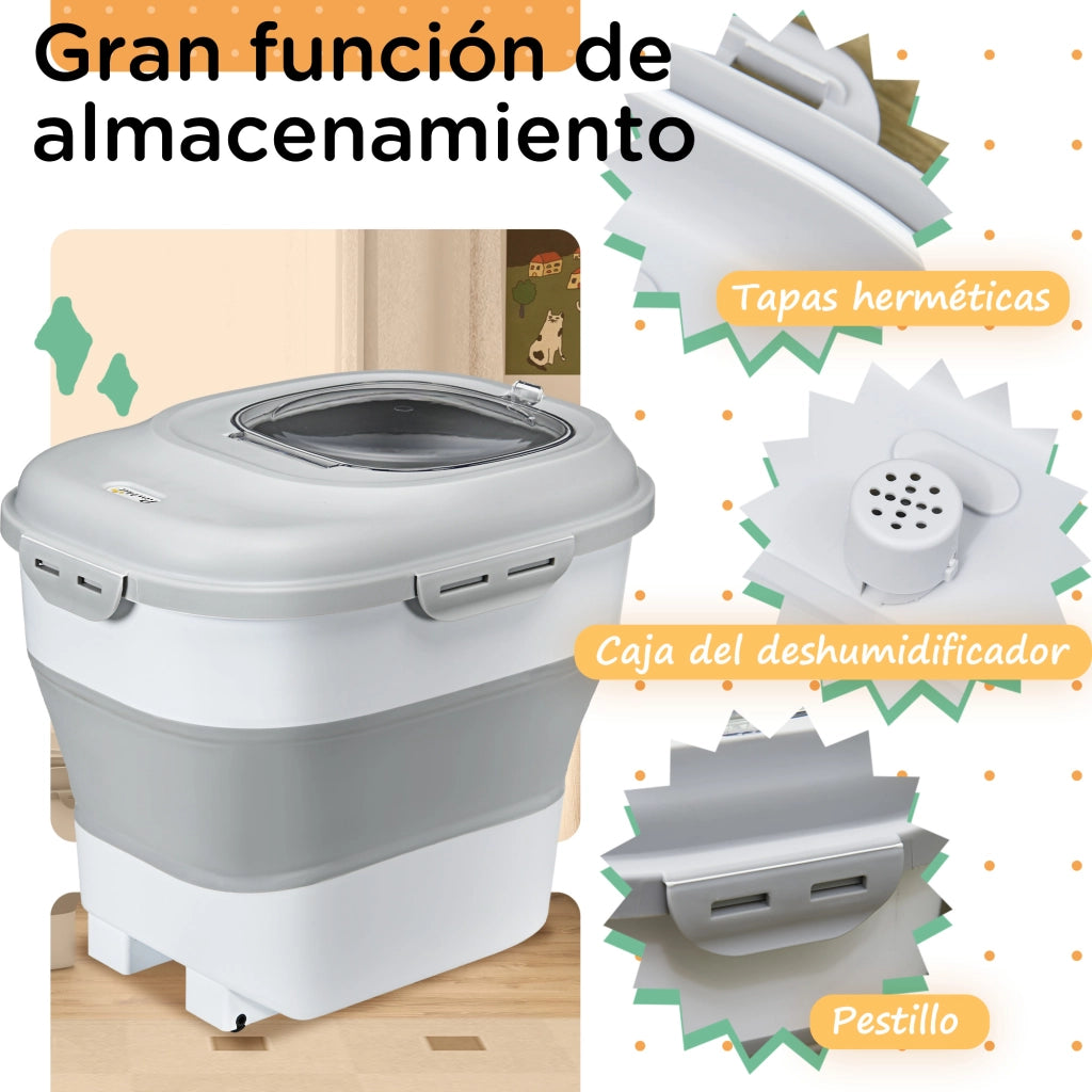Contenitore Cibo Cane 25L con Ruote Tazza Misuratrice Ciotola Pieghevole e Cucchiaio Grigio ¨C Zephmum ¨C Grigio