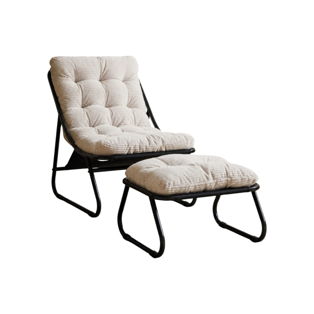 Poltrona da giardino reclinabile con pouf e cuscino imbottito in acciaio bianco per interno ed esterno