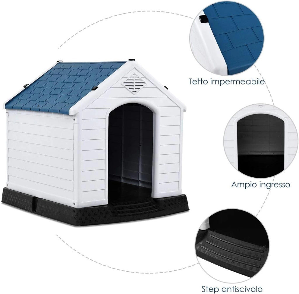 Cuccia per Cani da Esterno Impermeabile, Canile Villa per Cani in PP Resina, Bianco/Blu (85 x 77 x 83 cm)