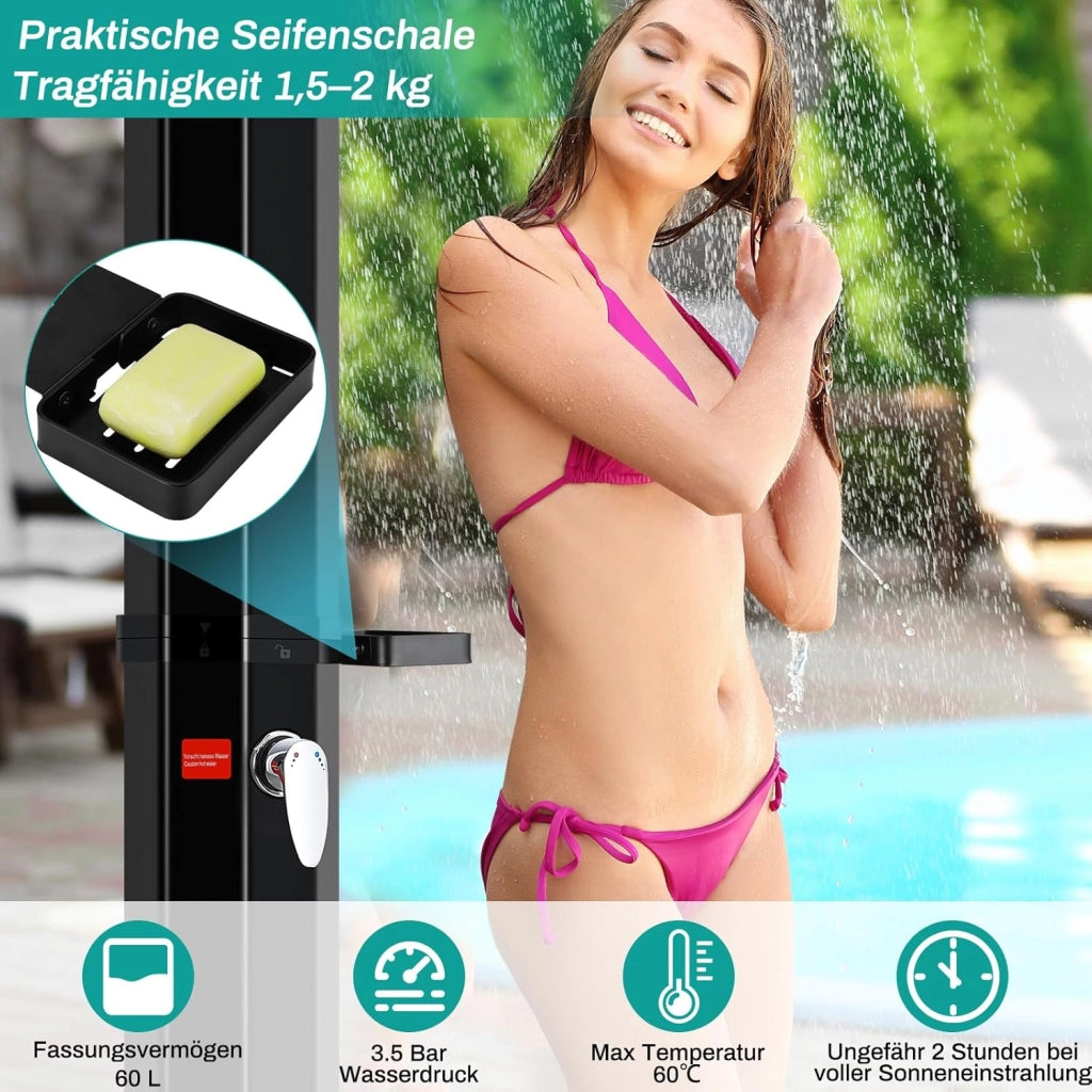 Doccia Solare 60 L, Doccia Solare da Giardino, con Soffione, Rubinetto, Scatola di Sapone e Custodia Protettiva, Acqua Calda fino a 60 °C, Attacco per Tubo da Giardino, Doccia per Piscina e Campeggio