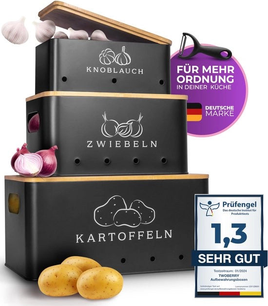 Set di conservazione patate (lotto da 3) con schiaccia patate - maggiore durata grazie alla circolazione dell'aria - conservazione ideale per le patate e le cipolle conserviera quadrata (nero)