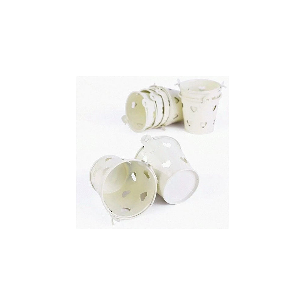 Trade Shop - 24 X Secchielli Bianchi Con Cuori In Latta Verniciata Portaconfetti Bomboniera -