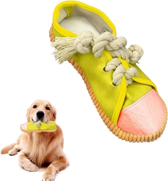 Giocattolo da mordere per cani in forma di scarpa gialla, interattivo e a scelta di energia.