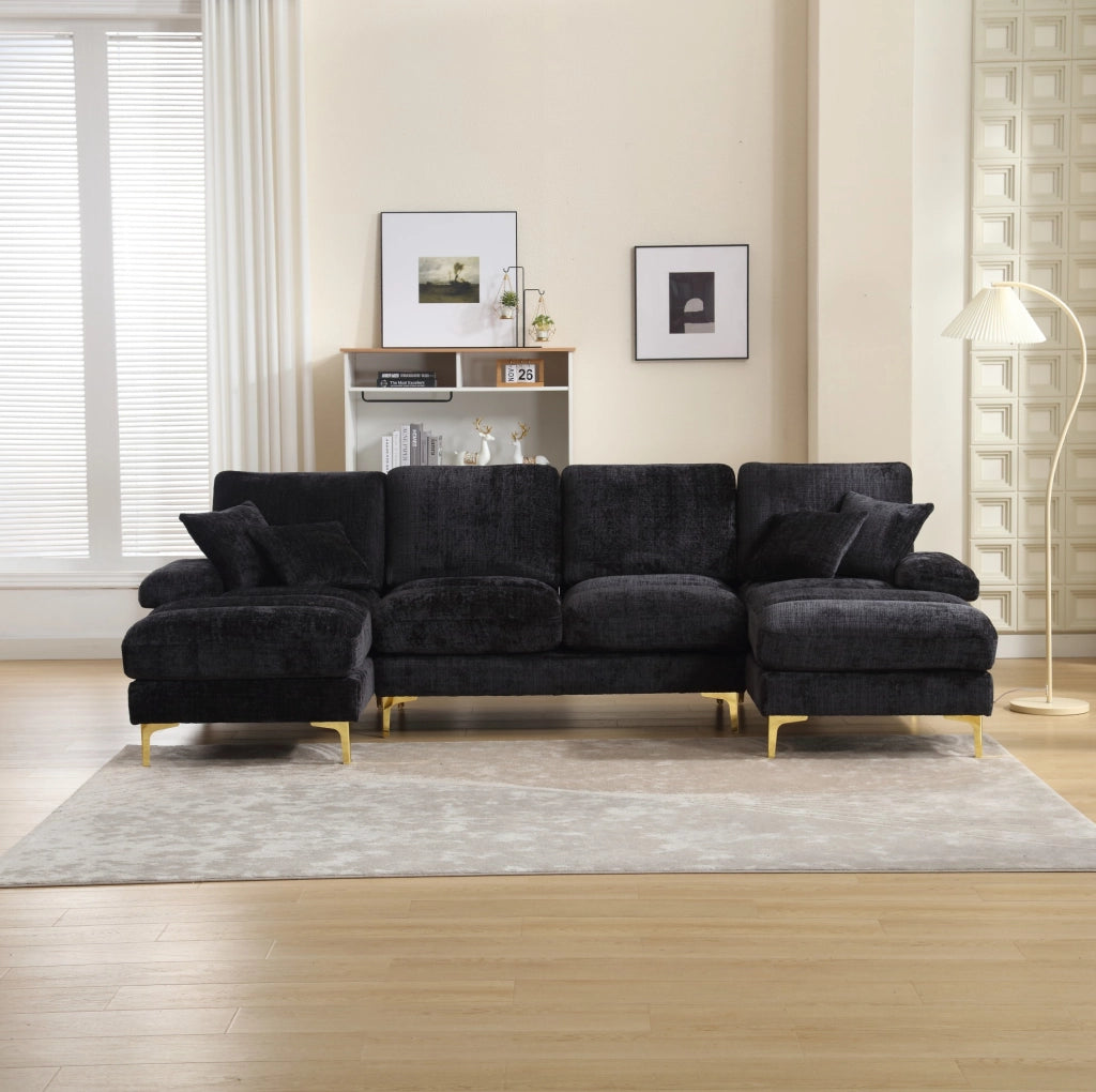 Divano a U 272x136x88 cm con due chaise longue in chenille nero