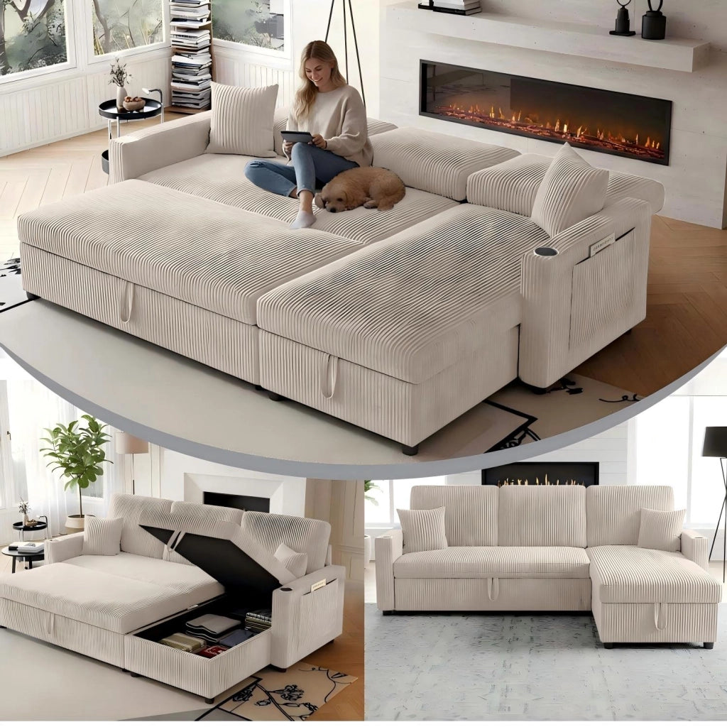 Divano angolare convertibile modulare con contenitore e porta USB, portabicchieri, beige in velluto a coste