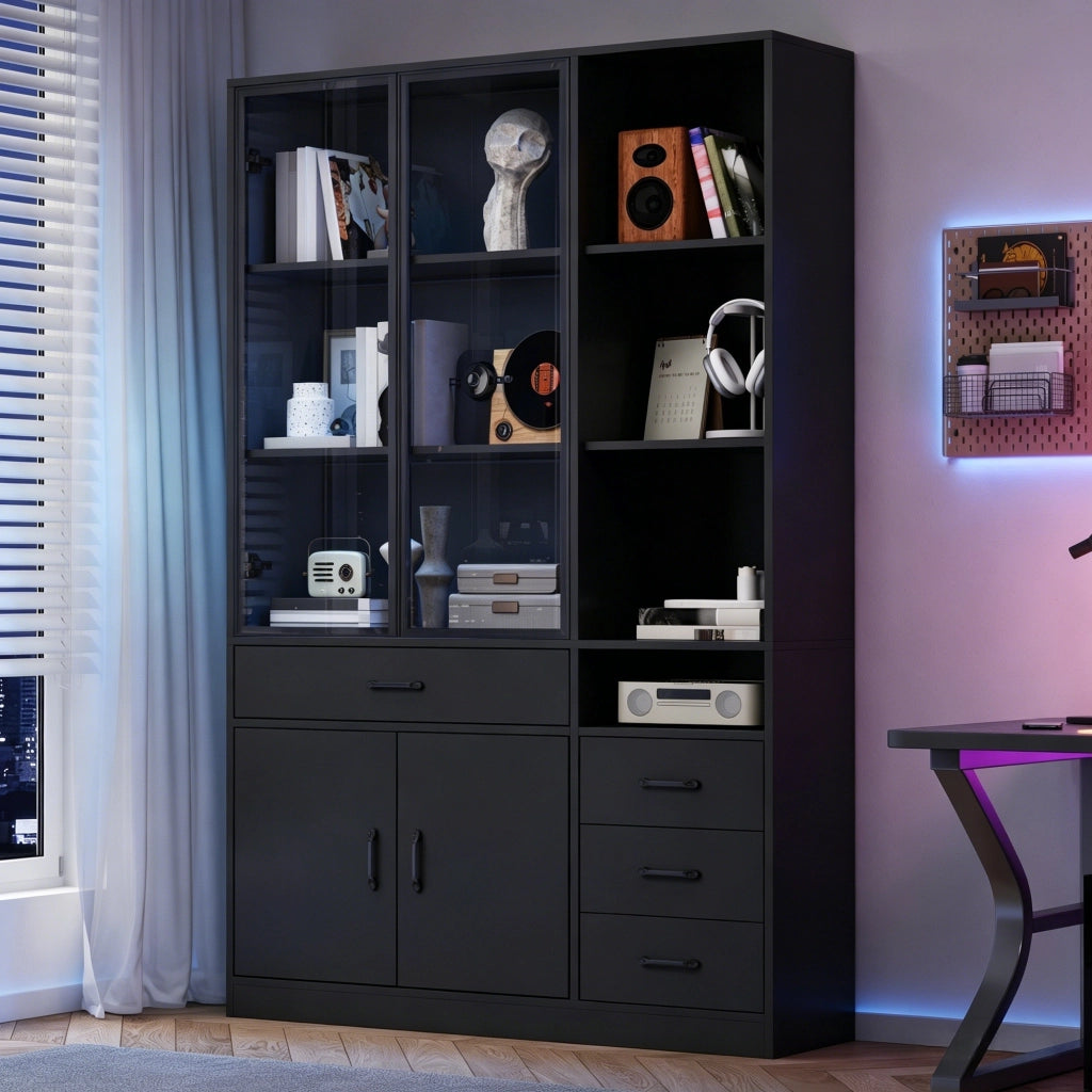 Hochschrank con vetrina in vetro, 120 x 35 x 200 cm, con 4 cassetti, 13 vani, LED, colore nero