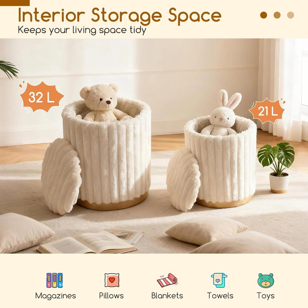 Set di 2 Pouf Rotondi 32 L + 21 L, Pouf Poggiapiedi Imbottito in Pelo di Coniglio con Coperchio Rimovibile e Contenitore Nascosto, Sgabelli Impilabili per Soggiorno e Camera da Letto, Beige