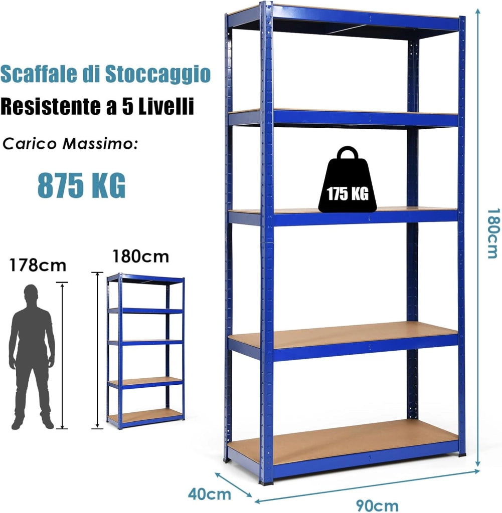 Scaffali per Carichi, Scaffalature a 5 Ripiani, in Metallo e MDF Scaffale, per Garage, Magazzino, Ripostiglio, Portante 875 kg, 90 x 40 x 180 cm (Blu)