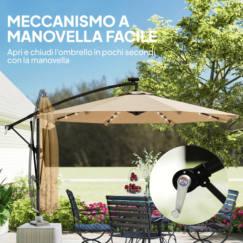 Ombrellone da Giardino Decentrato 330x295x245 cm con LED Solari in Metallo e Poliestere Cachi