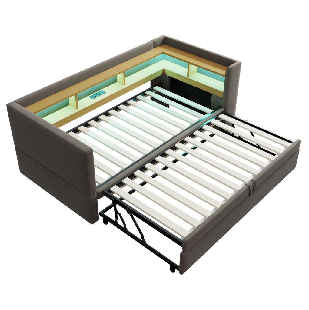 Divano letto 90x190 cm con scomparti; luci LED e prese; flanella; grigio scuro