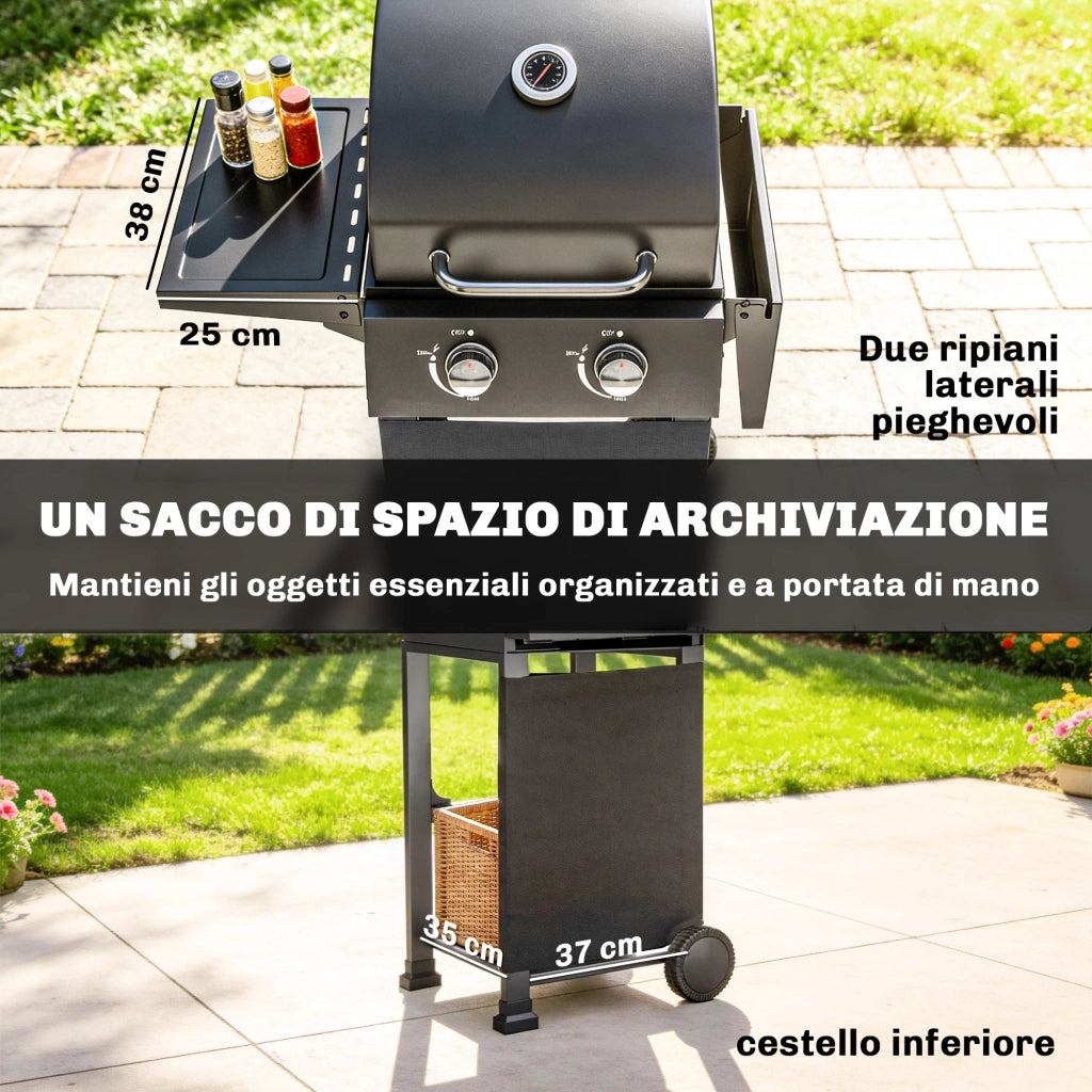 Barbecue a Gas Propano con 2 Bruciatori, Portatile, Termometro, Nero