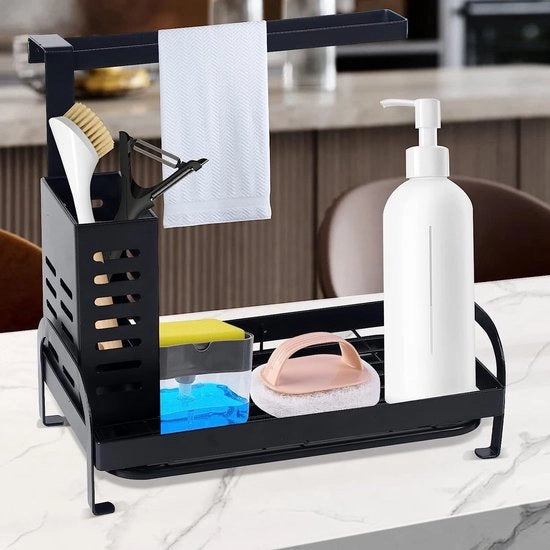 Organizzatore per la vasca da bagno, organizzatore per la cucina, lavandino con scarico e cassetta, vasca da bagno, cassetta organizzatrice, acciaio inossidabile, per cucina e bagno, vasca per asciugare asciugamani, set di spazzole, dispenser per sapone.