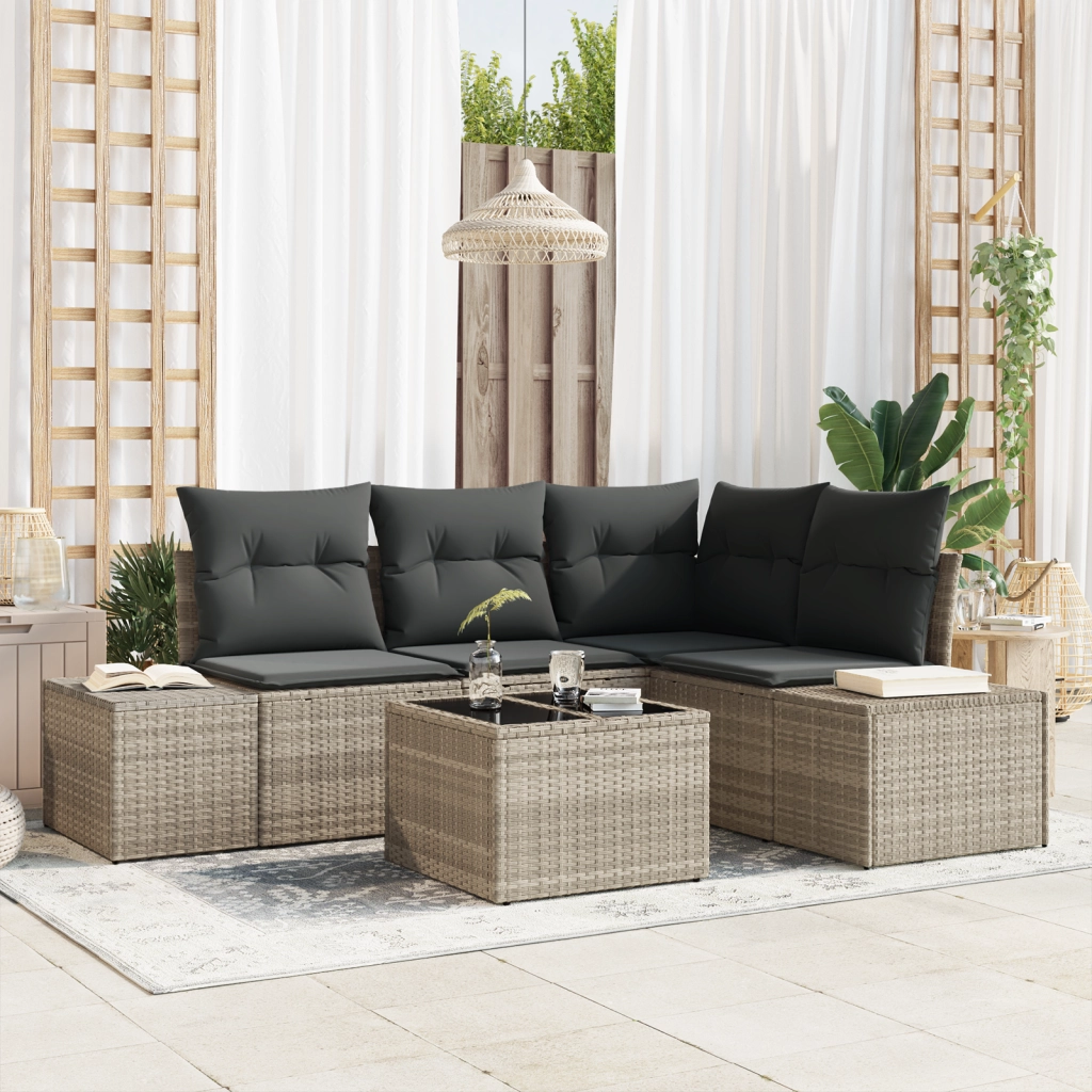 Set Divano da Giardino in 5 Pezzi con Cuscini Grigio Polyrattan