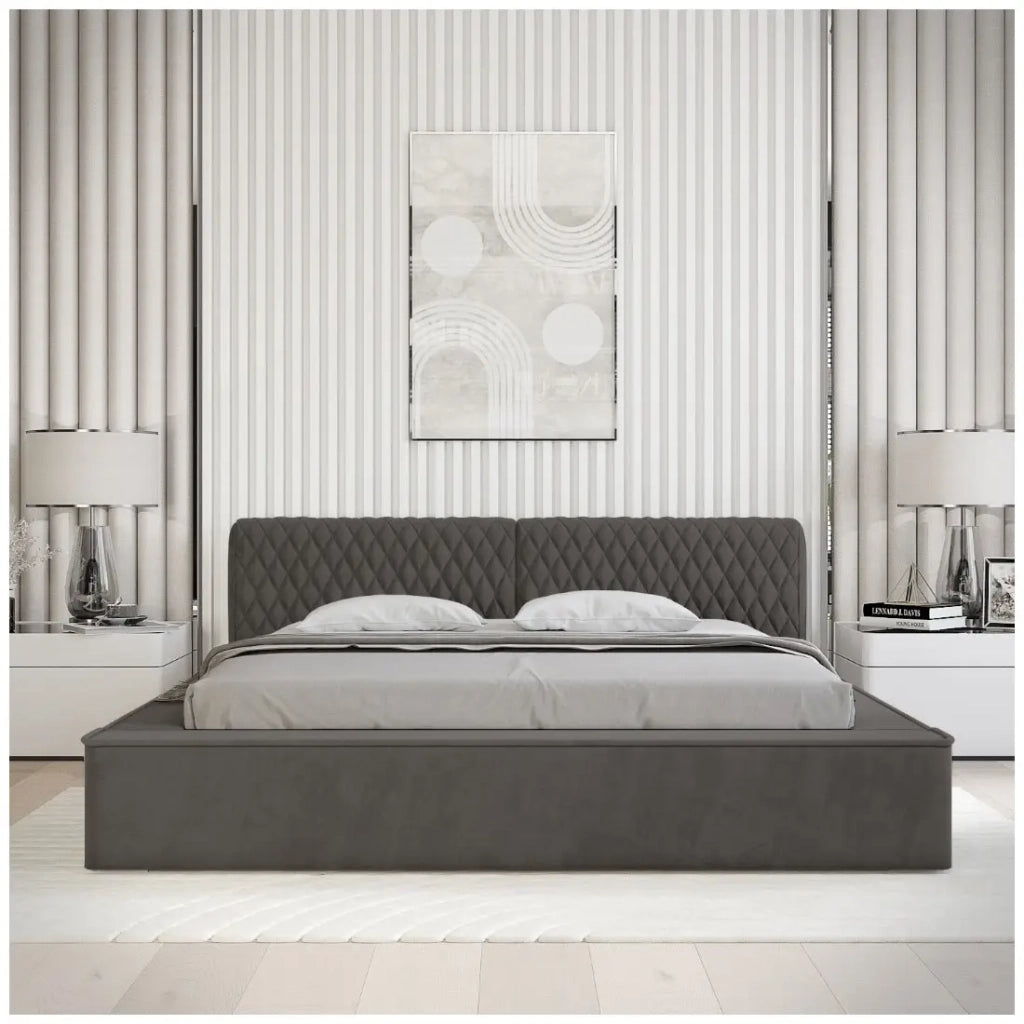 Lit coffre VERNON – Tessuto ciniglia bouclé Antracite profondo – 180x200 cm – Rete sollevabile – Design di alta gamma