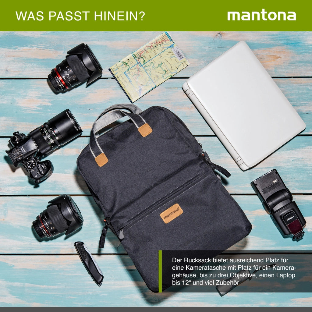 Mantona Urban Companion zaino fotografico e borsa, antracite con applicazioni in pelle, per fotocamere, con scomparto per laptop fino a 12 pollici
