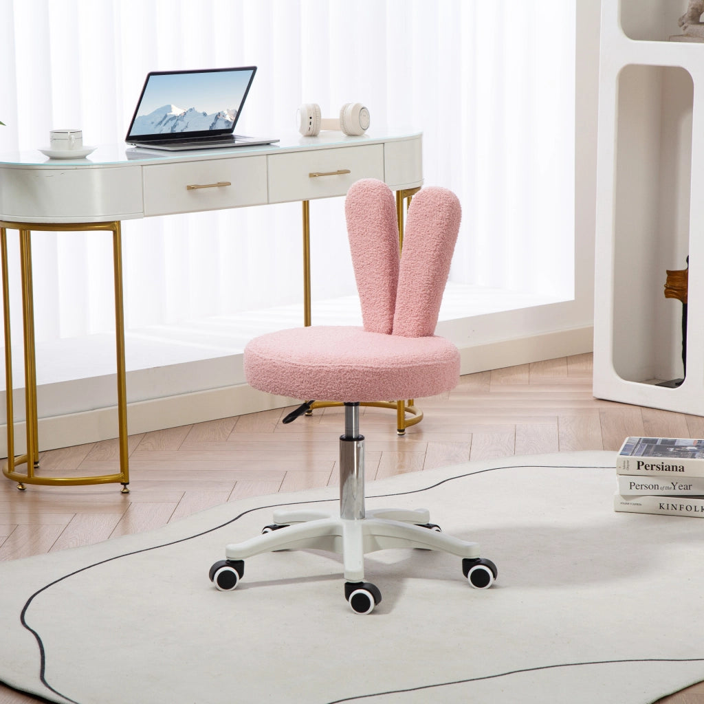 Sedia da Scrivania a Orecchie di Coniglio ad Altezza Regolabile e Rivestita in Pile Teddy Rosa, 53x53x70-84 cm