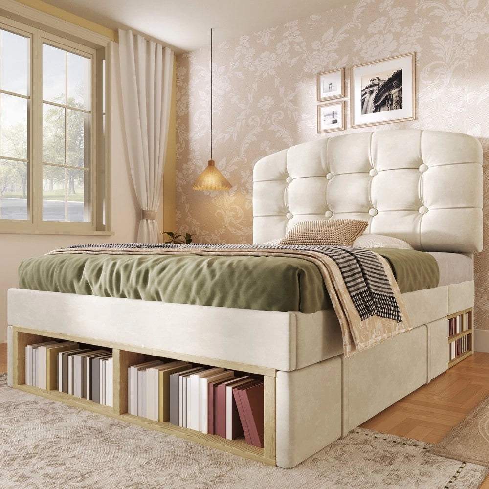 Letto Singolo Imbottito con Cassetti ¨C Xylo ¨C Velluto Beige, Testiera Regolabile, 90x200