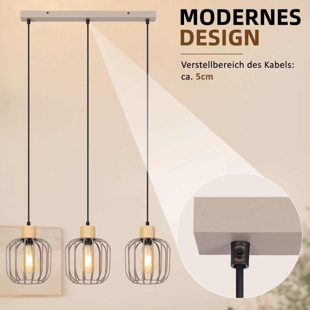 ZMH Lampada a Sospensione 3 Luci Grigio Legno E27 Moderna per Cucina Isola Soggiorno Camera Senza Lampadina