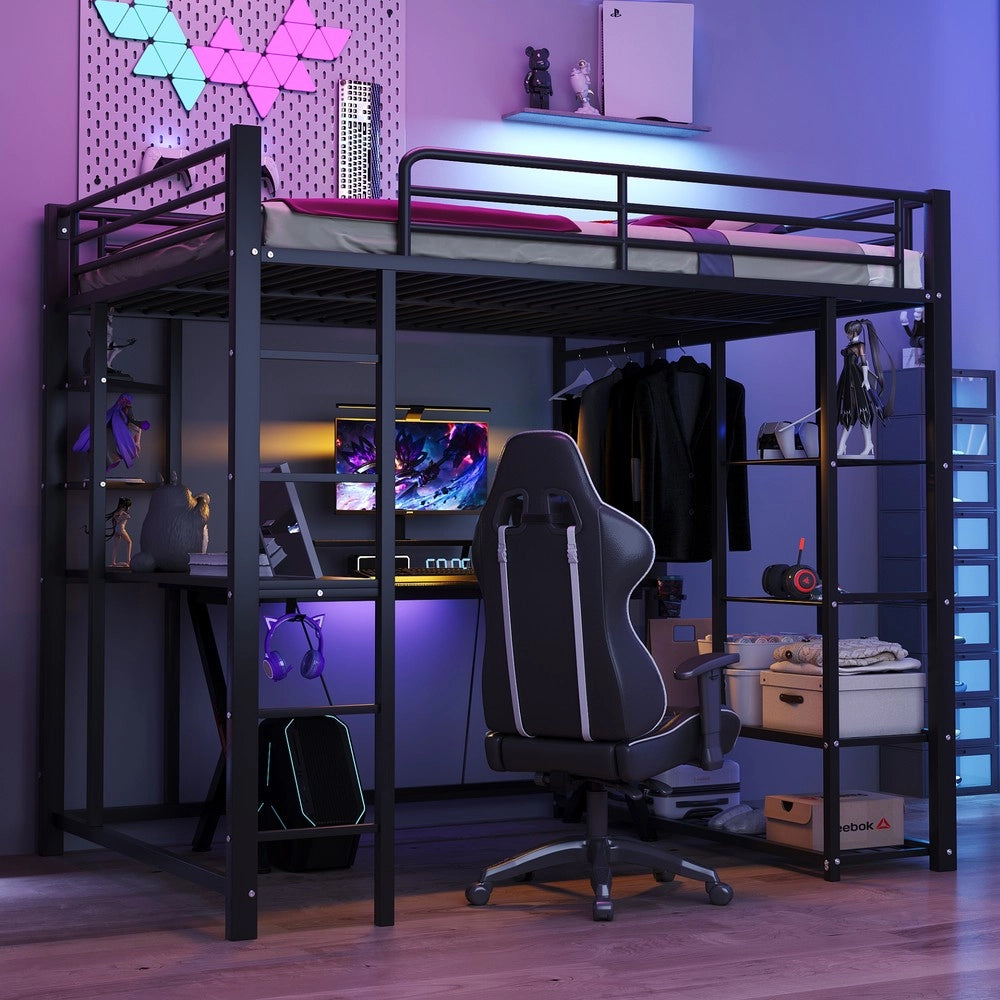 Letto a Soppalco in Metallo con Scala e Tavolo ¨C MINIMAL ¨C Nero 140x200