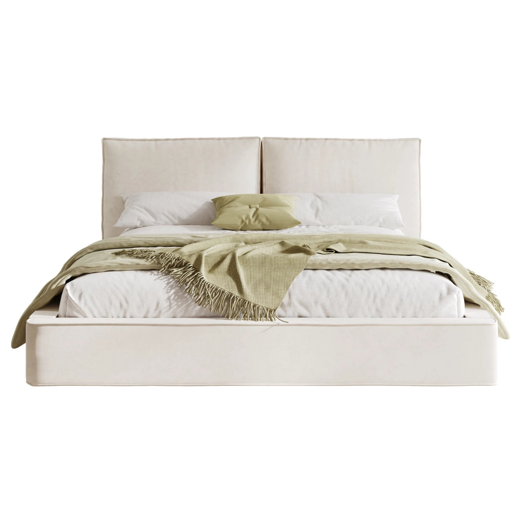 Letto matrimoniale imbottito 160x200 cm in chenille beige con rete a doghe e testiera alta 105 cm