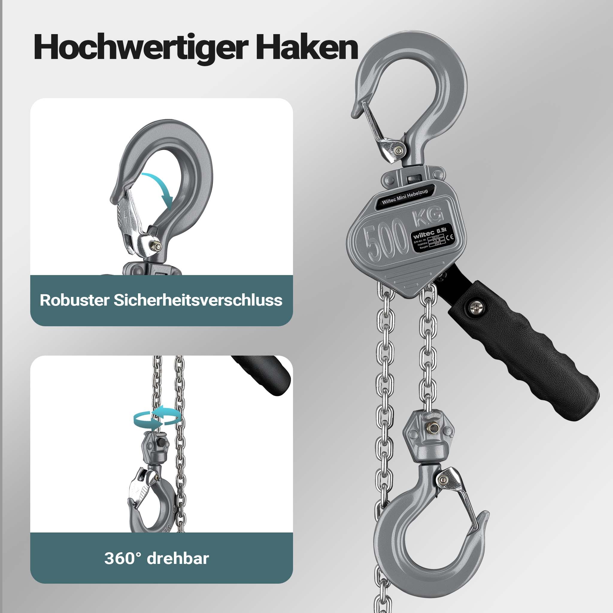 Mini paranco a catena manuale VM0.5 fino a 500 kg, altezza di sollevamento di 1,5 m, in alluminio, per il sollevamento di carichi pesanti