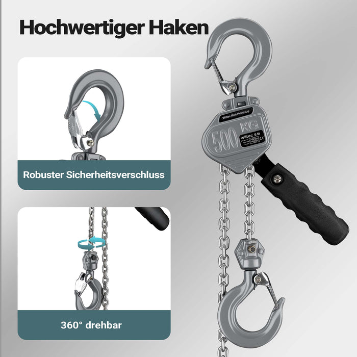 Mini paranco a catena manuale VM0.5 fino a 500 kg, altezza di sollevamento di 1,5 m, in alluminio, per il sollevamento di carichi pesanti