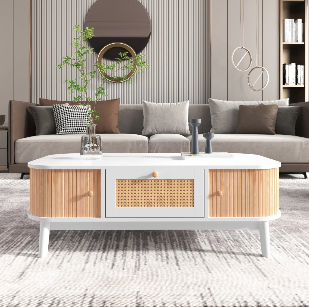 Tavolino da caffè 110x55 cm bianco e legno con contenitore