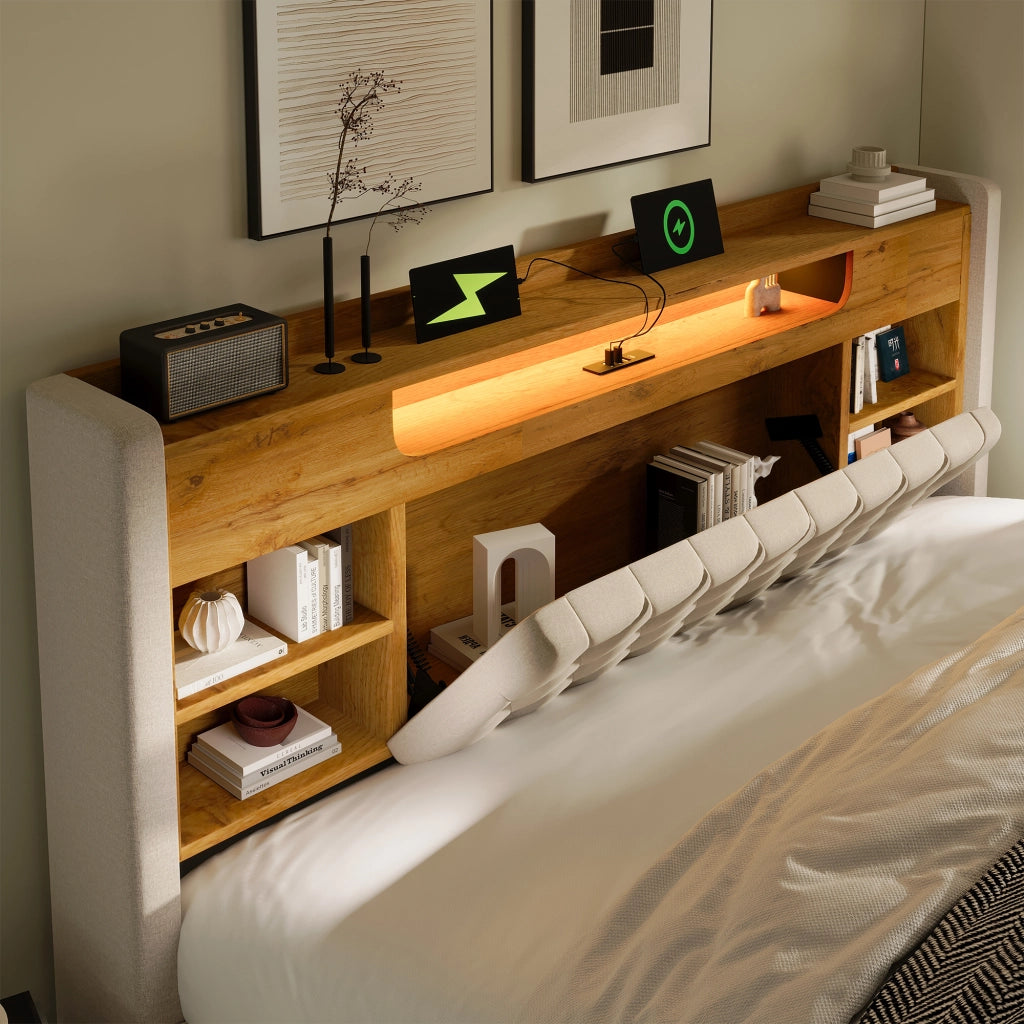 Letto contenitore matrimoniale 160 × 200 cm con LED, 3 USB e Type-C, ripiani, senza materasso, beige