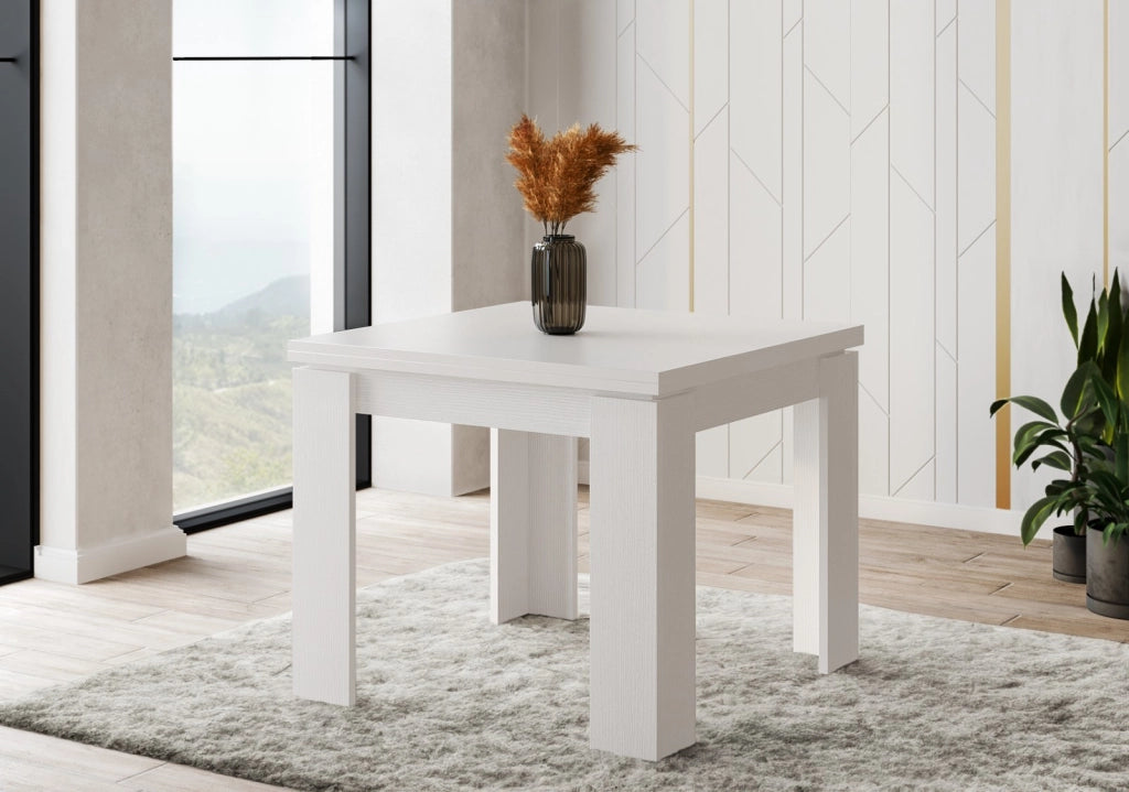 Tavolo Allungabile Moderno Da 4 A 8 Persone Gambe Spesse Design Minimal Meccanismo Centrale Estensibile Ideale Per Cucina o Sala da Pranzo 90 x 90 / 180 x 90 Cm Bianco