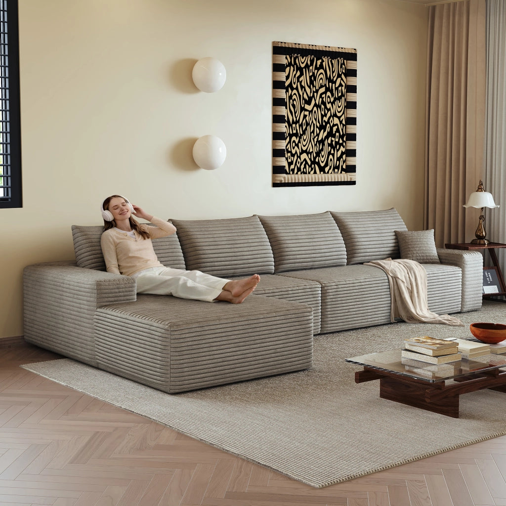 Divano angolare modulare in velluto a coste con seduta profonda e schiuma elastica, camel 340 cm