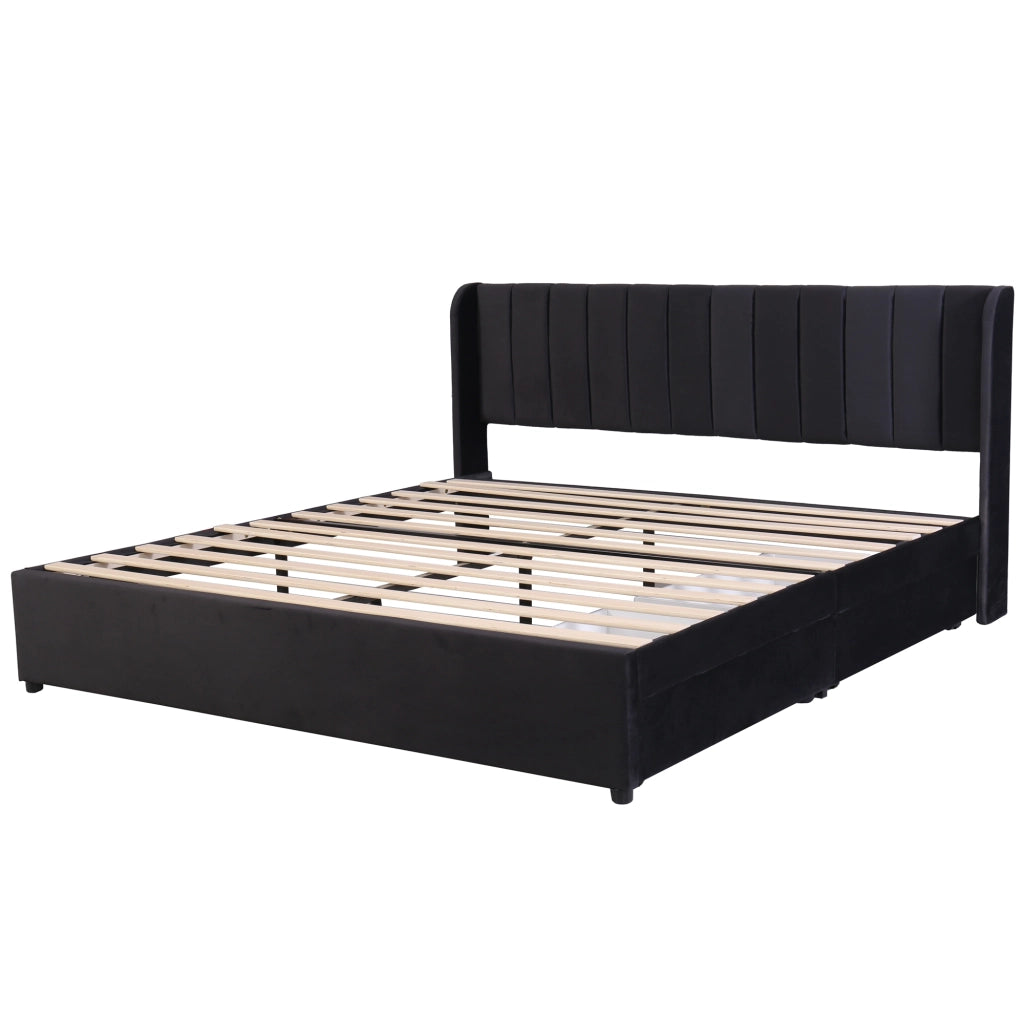 Letto imbottito in velluto nero 180x200 cm con rete a doghe, testiera alta e 2 cassetti