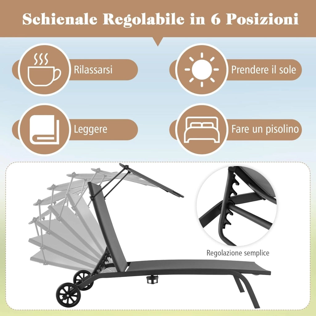 Lettino Prendisole da Giardino, Sdraio Reclinabile con Ruote Tettuccio, con Schienale Regolabile in 6 Livelli, Lettino da Giardino con Portabicchieri a Scomparsa, Portata 150 kg (Grigio)