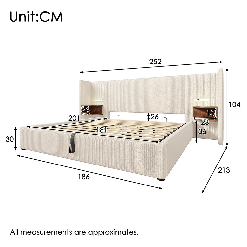 Letto matrimoniale con cassetti - Xylo - 180??200 cm - Beige e Bianco - Velluto costato, comodini con luce e USB-C