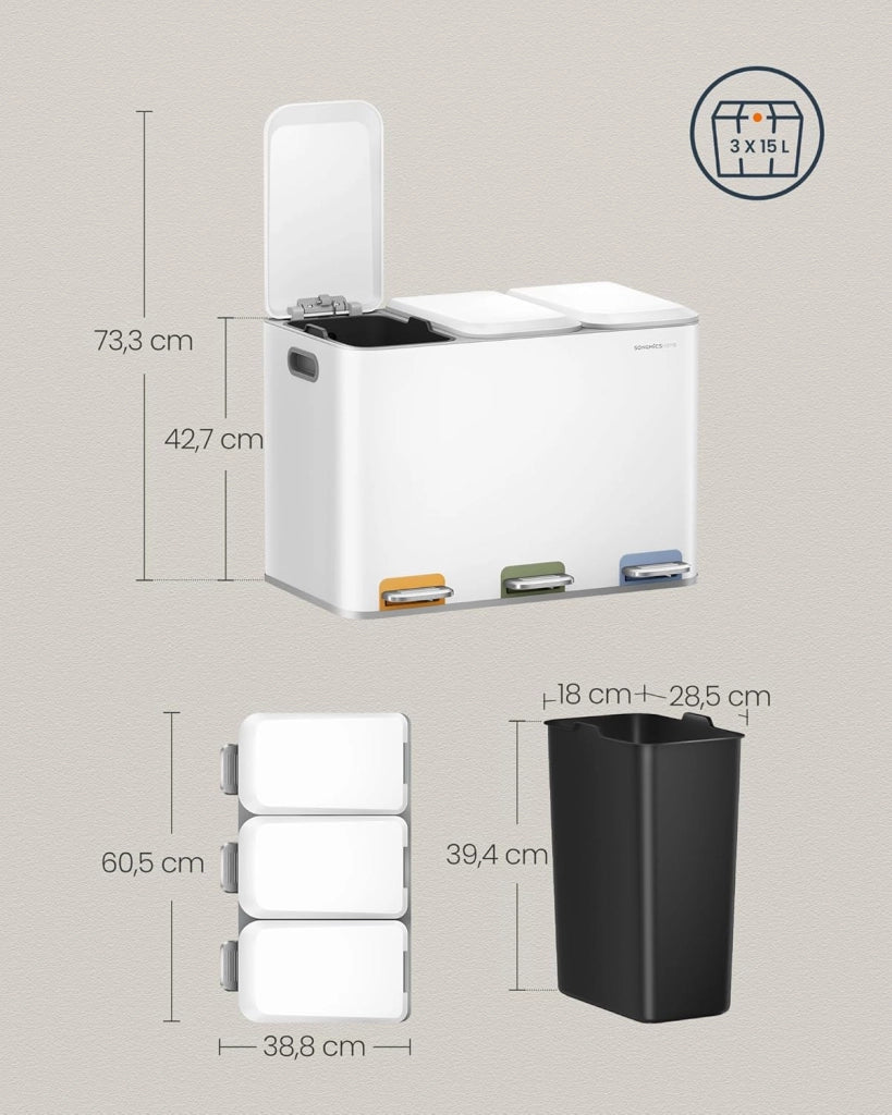Cestino da Cucina Tripla, Pattumiera per Raccolta Differenziata 3 x 15 L con Pedali Colorati, Raccolta Differenziata, Coperchio e Secchi Interni, Acciaio, Bianco Nuvola