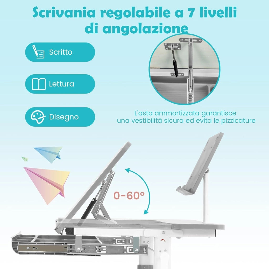 Scrivania per Bambini, Tavolo per Studenti con Regolabile in Altezza, con Piano Ribaltabile, Libreria, Cassetti e Righello di Misurazione, Ergonomica, Ideale per Bambini 3-12 Anni (Grigio)