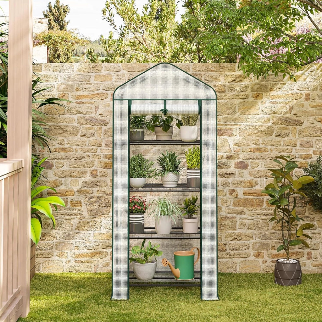 Serra da Giardino, con Ruote, Serra da Balcone, 70x50x162 cm, Copertura in PE 140 g/m², Porta a Zip Avvolgibile, per Svernamento con 3/4 Ripiani, per Interni ed Esterni, Bianco