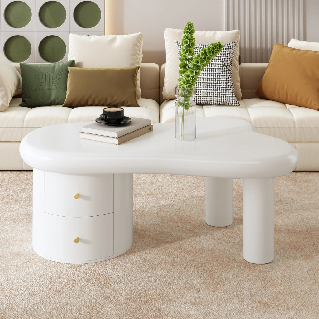 Tavolino da salotto con 2 Cassetti; Forma organica; Angoli arrotondati; per Soggiorno; in MDF; 97 × 64 × 42 cm; Bianco