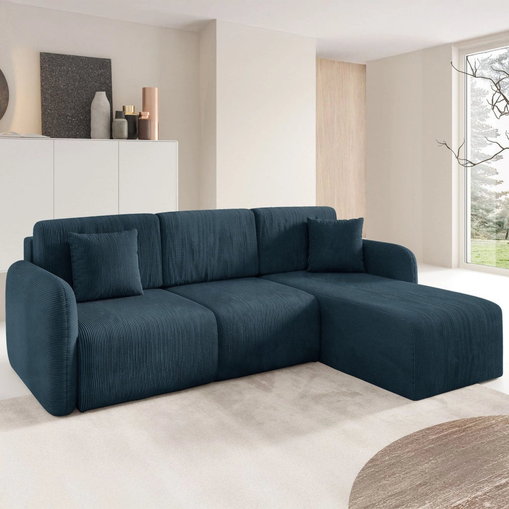 Ranco, Divano Letto con Penisola Contenitore, 245x185 cm blu
