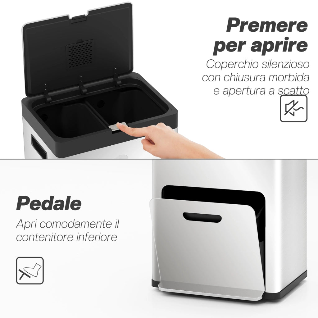 Bidone Immondizia a 3 Sezioni da 56L con Supporto per Deodorante, in Acciaio e PP, 45.7x35.8x76 cm, Argento
