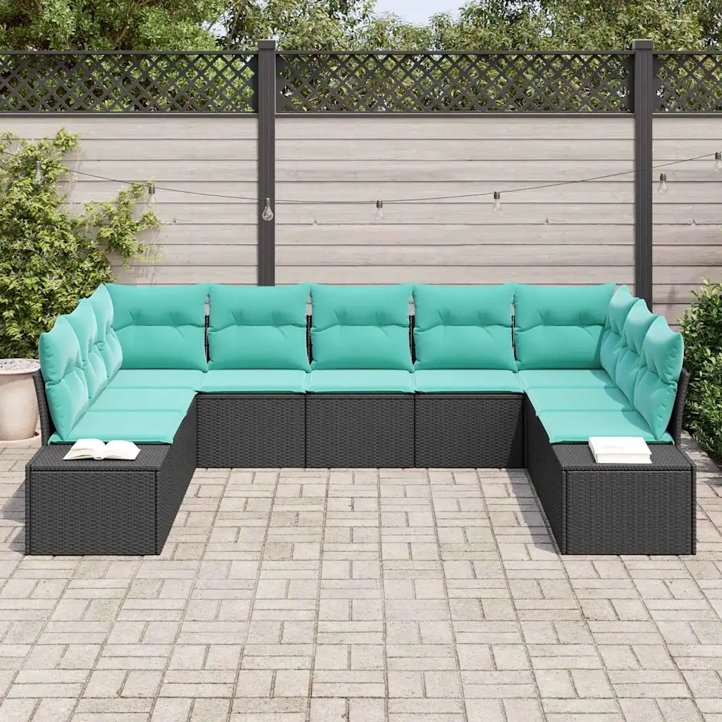 Set Divano da Giardino 9 pz 8-Numero di posti Nero e Turchese 3355895
