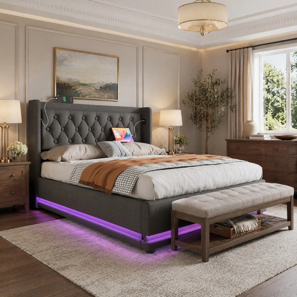Letto matrimoniale contenitore 140x200 cm grigio con LED e USB-C