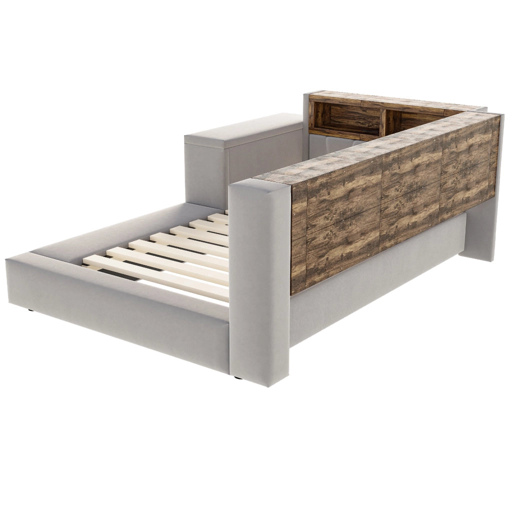 Letto imbottito 90x200 cm con LED, prese integrate e vani in velluto grigio scuro