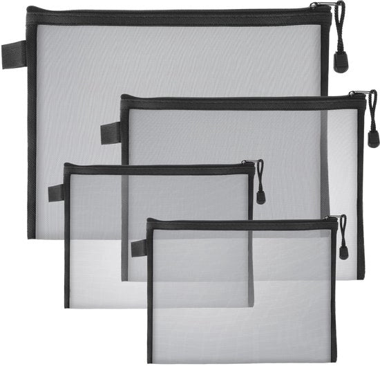 4 set di sacchetti a rete con cerniera, 3 misure sacchetti a rete, organizzatore mini per il trucco, borse da viaggio portatili, astuccio per penne con cerniera, per cosmetici e accessori da viaggio