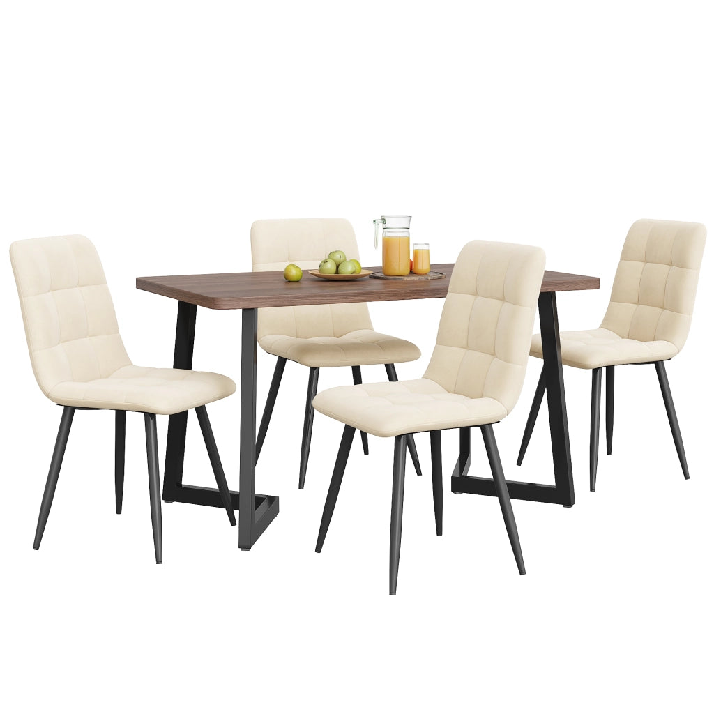 Tavolo da pranzo con 4 sedie in mdf effetto noce, sedute in velluto e gambe in metallo nero, 117 × 68 × 75 cm