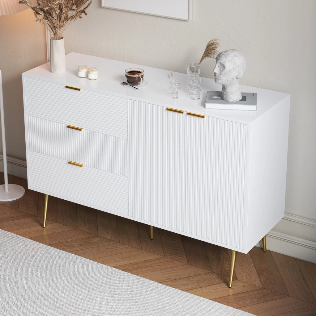 Credenza bianca e oro in MDF con 3 cassetti e 2 ante