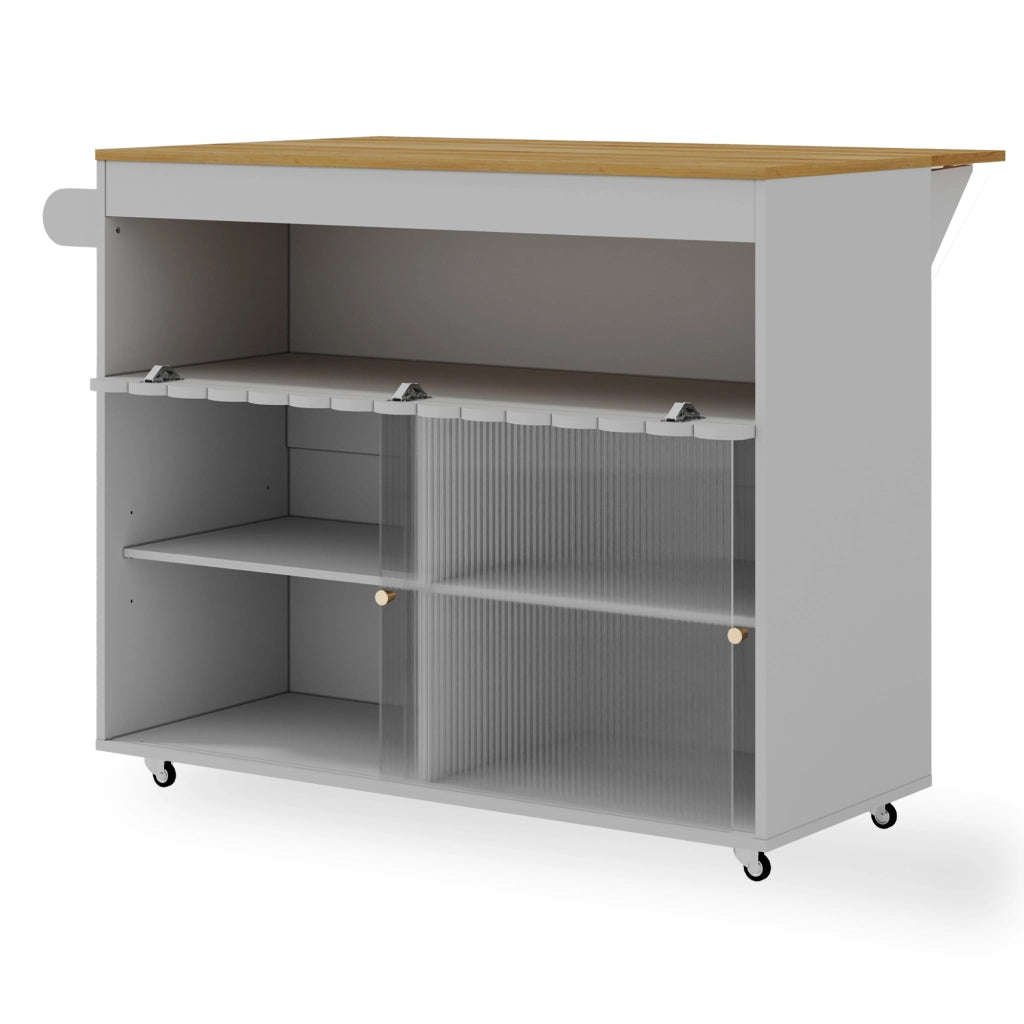 Isola Cucina Mobile 122x46/69x91 cm Grigia con Piano Ribaltabile, Ante in Vetro e 5 Ruote
