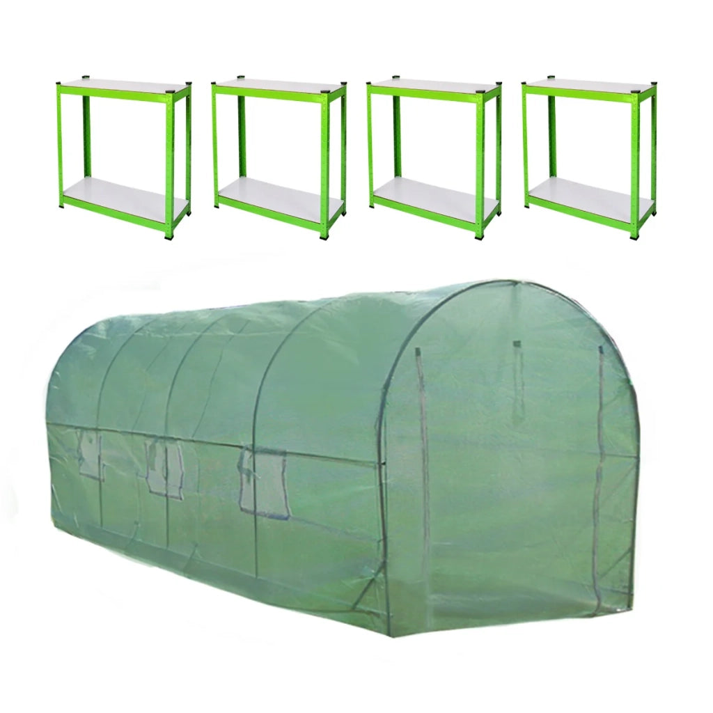 Serra da Giardino a Tunnel da Esterno in Polietilene Resistente alla Corrosione e Raggi UV Telaio in Ferro Galvanizzato per Piante Giardinaggio - 25mm - 6m x 3m & Scaffali