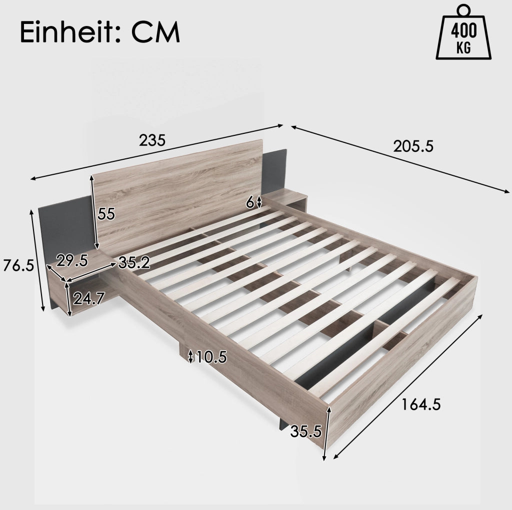 Letto matrimoniale 160x200 cm in legno massiccio con 2 comodini integrati; sonoma e grigio scuro