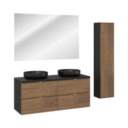 Set SAVIA: mobile sottolavabo 120cm + 2 lavabi neri rotondi da appoggio + specchio LED + colonna di contenimento