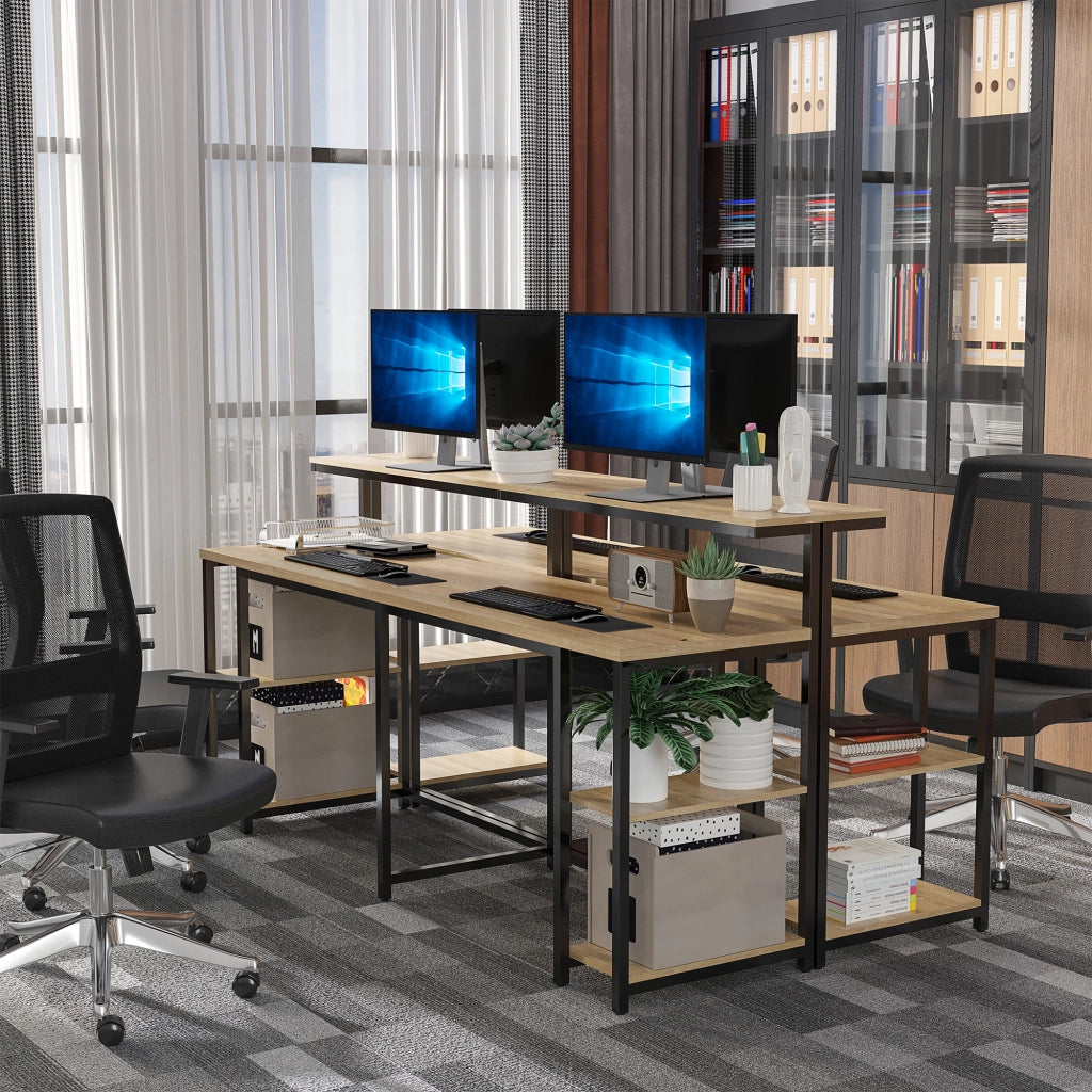 EasyComfort Scrivania Doppia con Scaffali e Mensola per Monitor in Stile Industriale, Scrivania con Libreria Salvaspazio per Ufficio e Studio in Metallo e MDF, 200x53x100cm, Nero Marrone